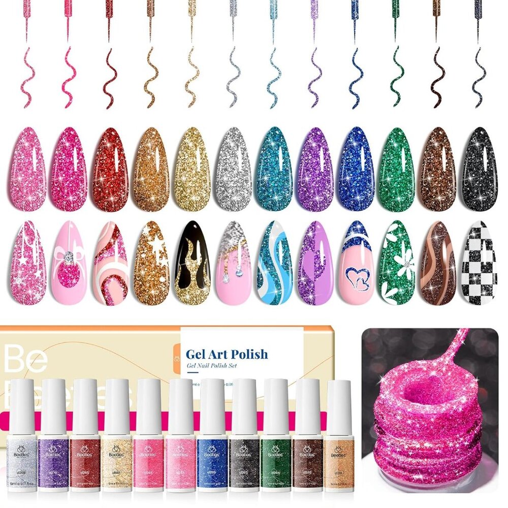 Beetles Nail Art Gel Liner Polish 12 Colors Reflective Glitter Gel Nail Polish,
